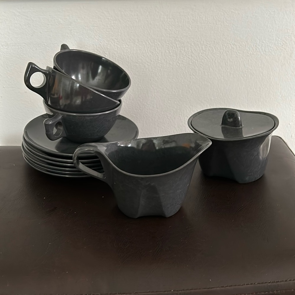 Vintage Melmac / Melamine Sugar and Creamer Set, Cups and Plates by Branchell